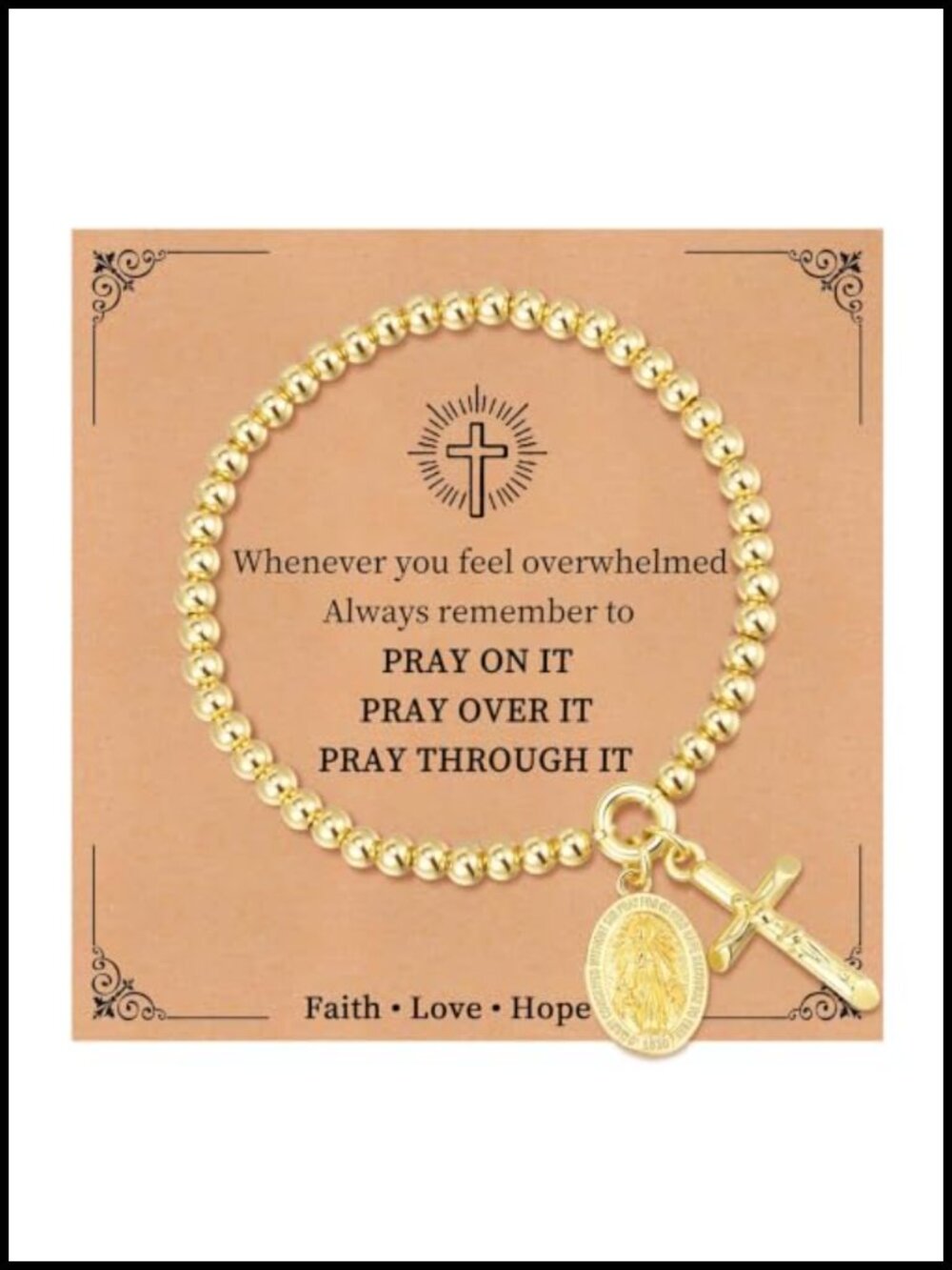 14K Gold Plated Virgin Mary Rosary Beaded Bracelet Catholic Crucifix Gift
